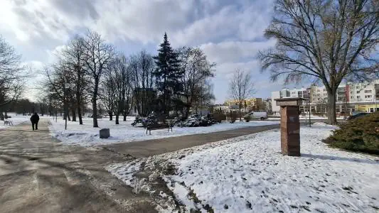 Widok miejsca docelowej lokalizacji Pomnika - trójkątny skwer za poprzeczną alejką